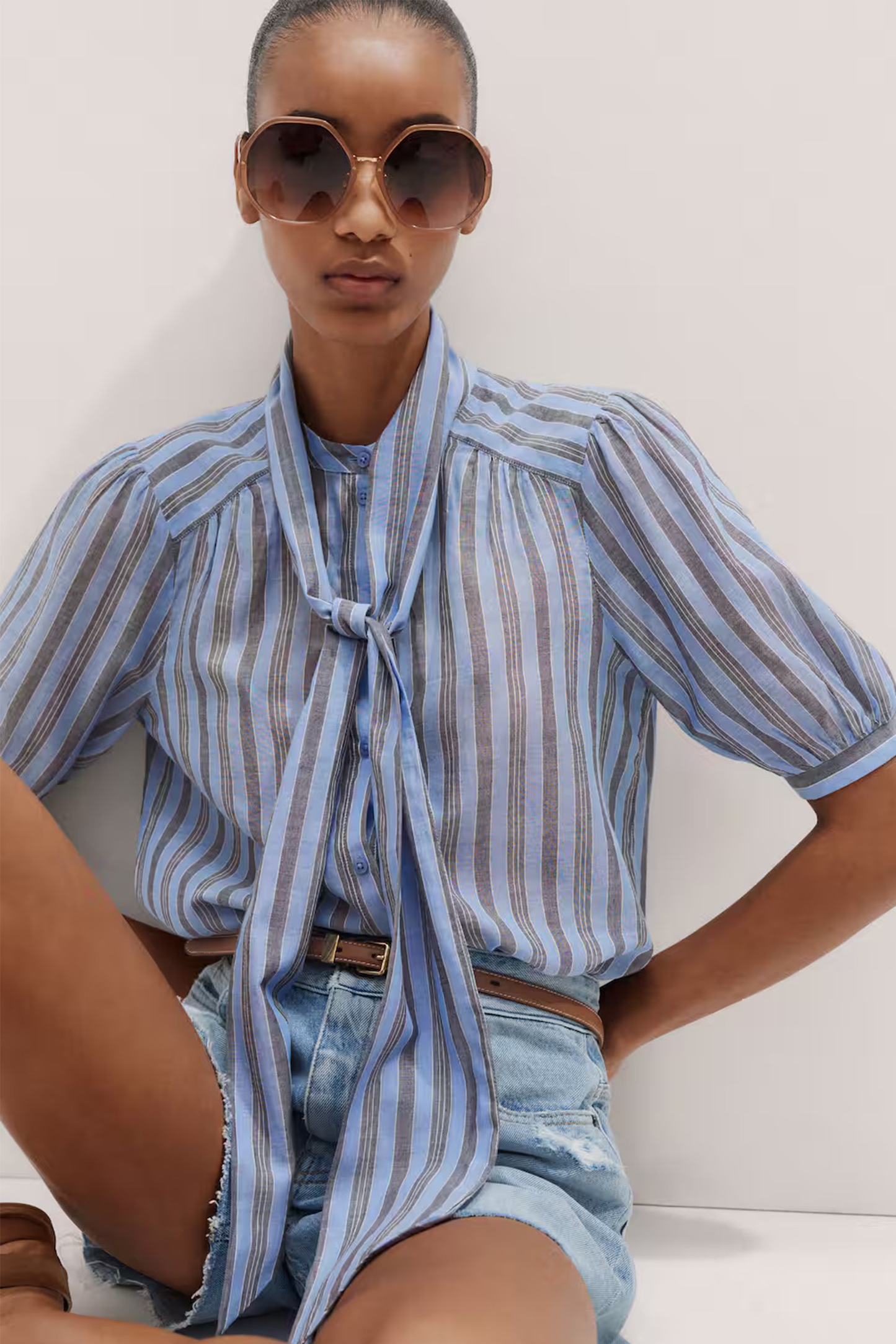Cotton Stripe Blouse + Tie