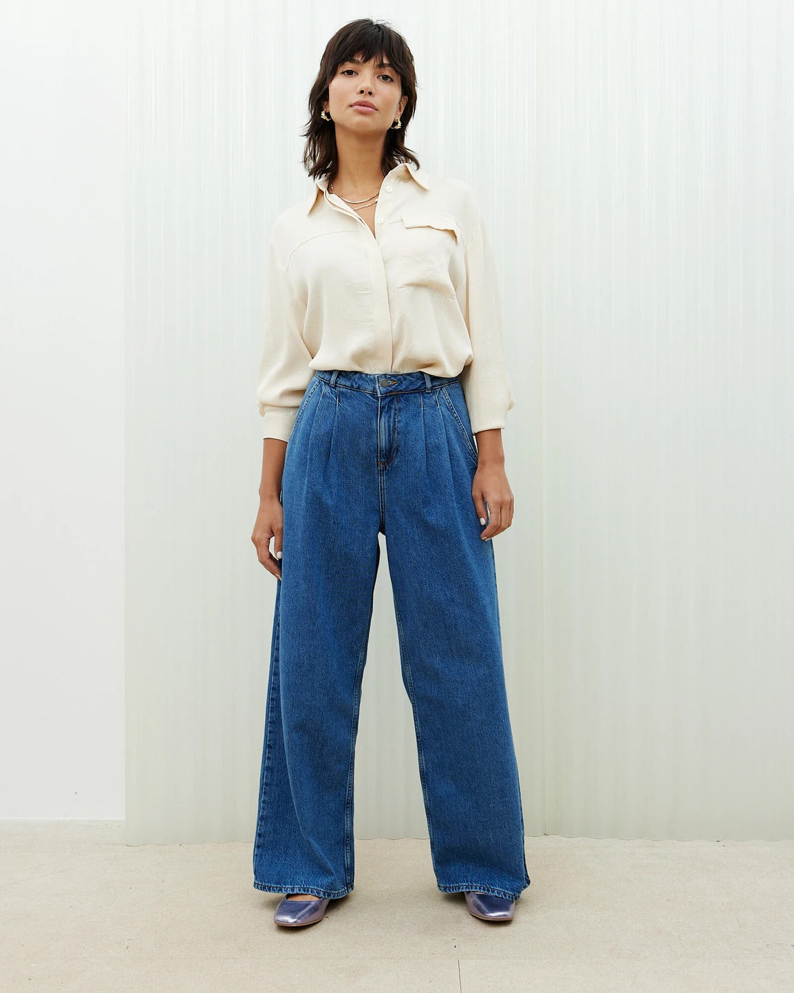 Blue Pleated Wide Leg Denim Jeans