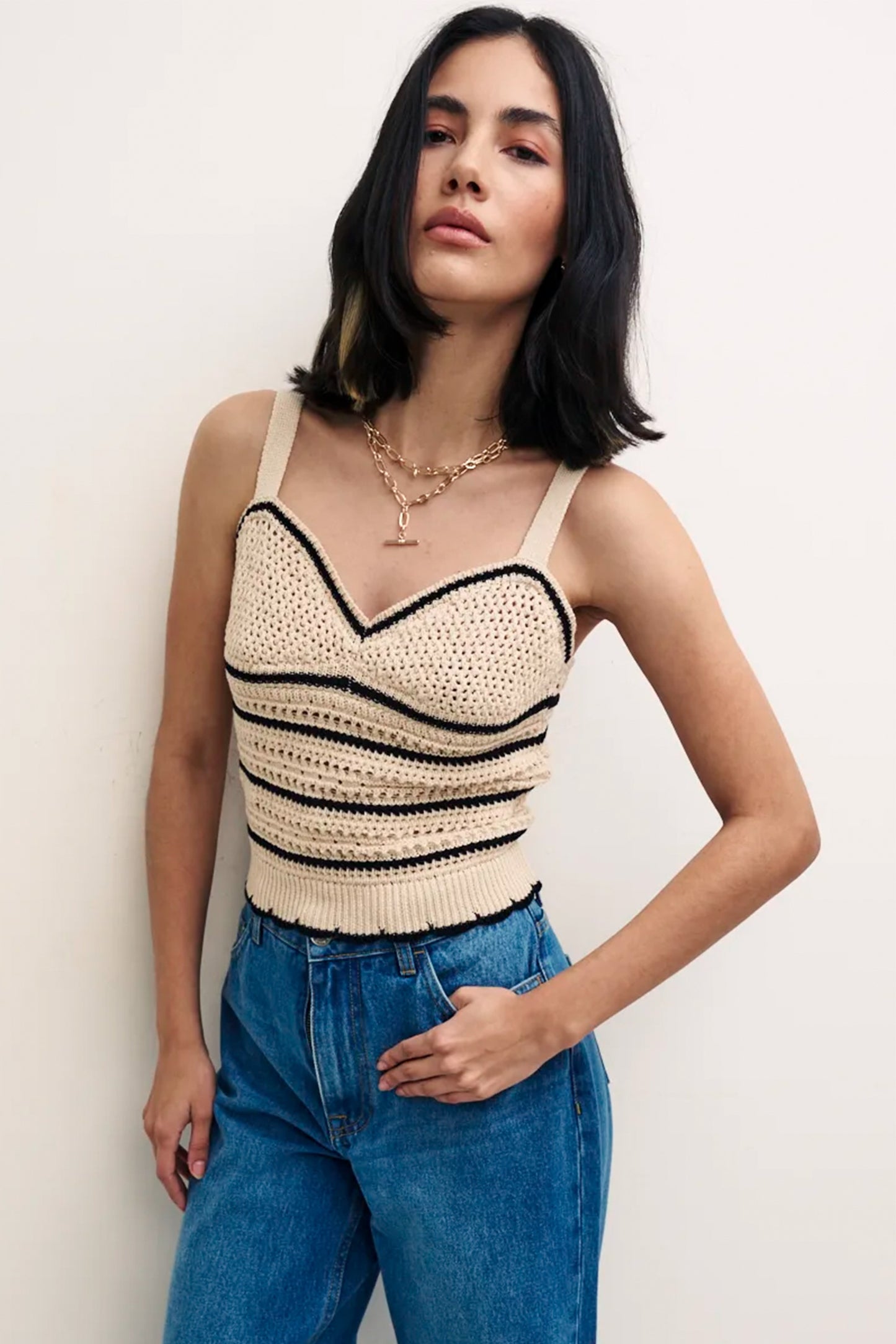 Black & White Mock-crochet Stripe Cami