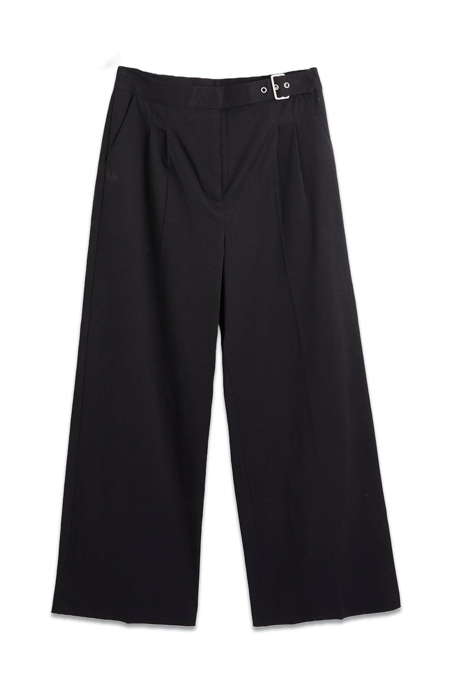 Wide Leg Buckle Waist Black Trousers