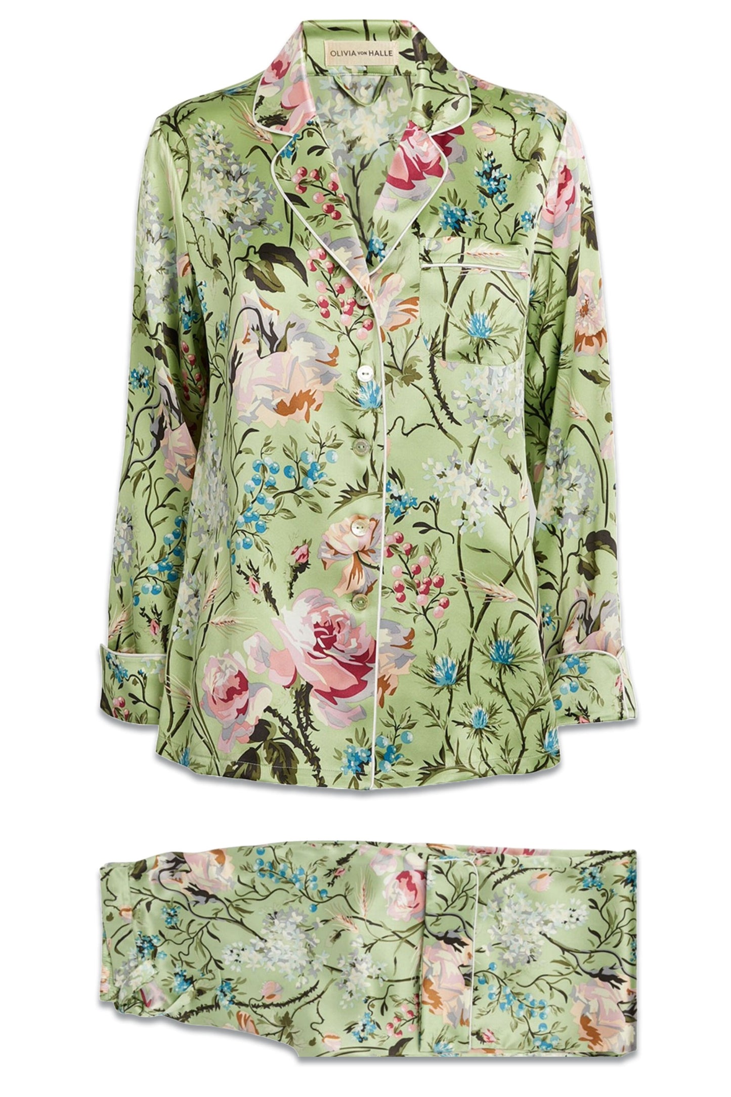 Lila Effie Green Floral Silk Satin Pyjamas