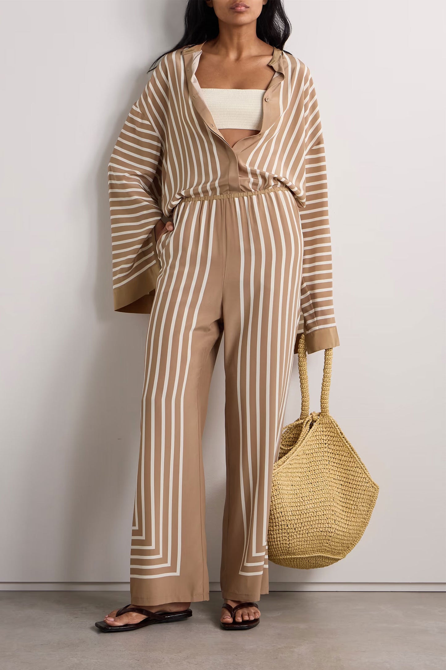 Striped Silk-crepe Wide-leg Pants