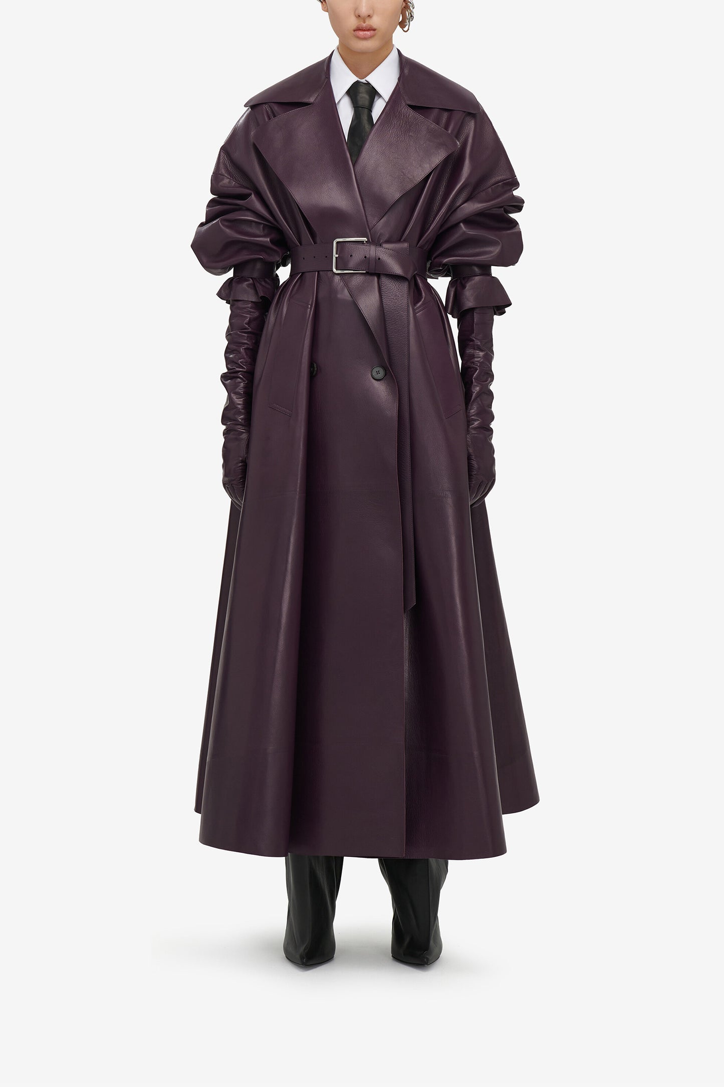 Women's Cocoon Sleeve Leather Trench Coat in Night Shade