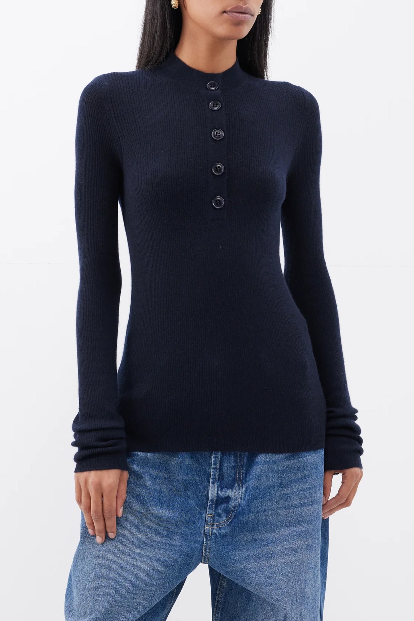 Sheer Ribbed-Knit Button-Up Cashmere Jumper