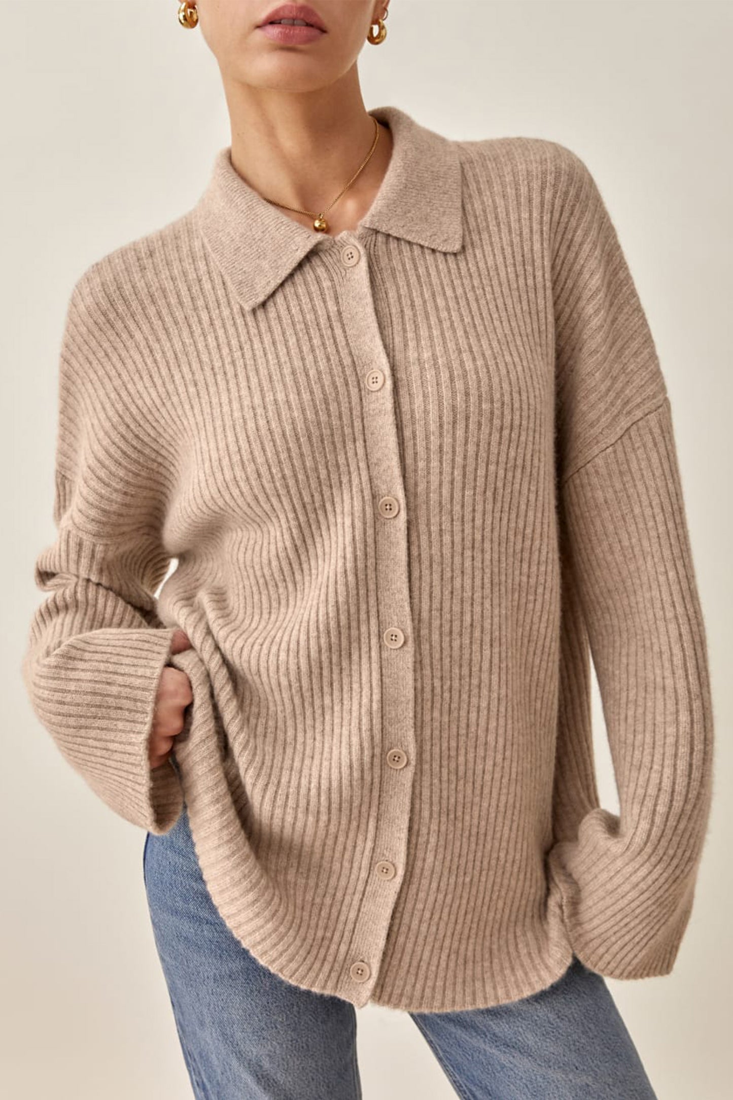 Fantino Oatmeal Cashmere Collared Cardigan
