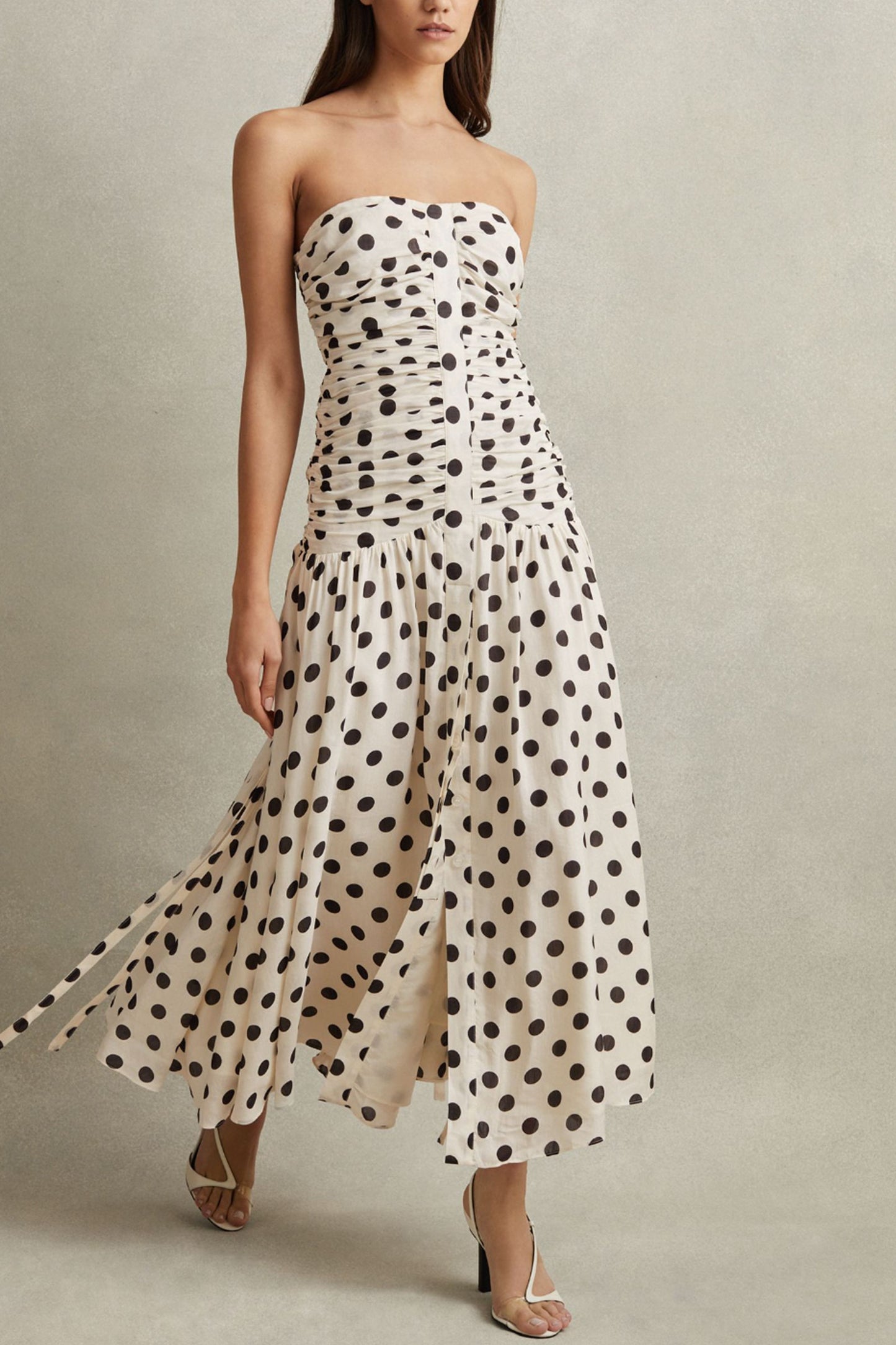 Rue Viscose Linen Polka Dot Ruched Maxi Dress