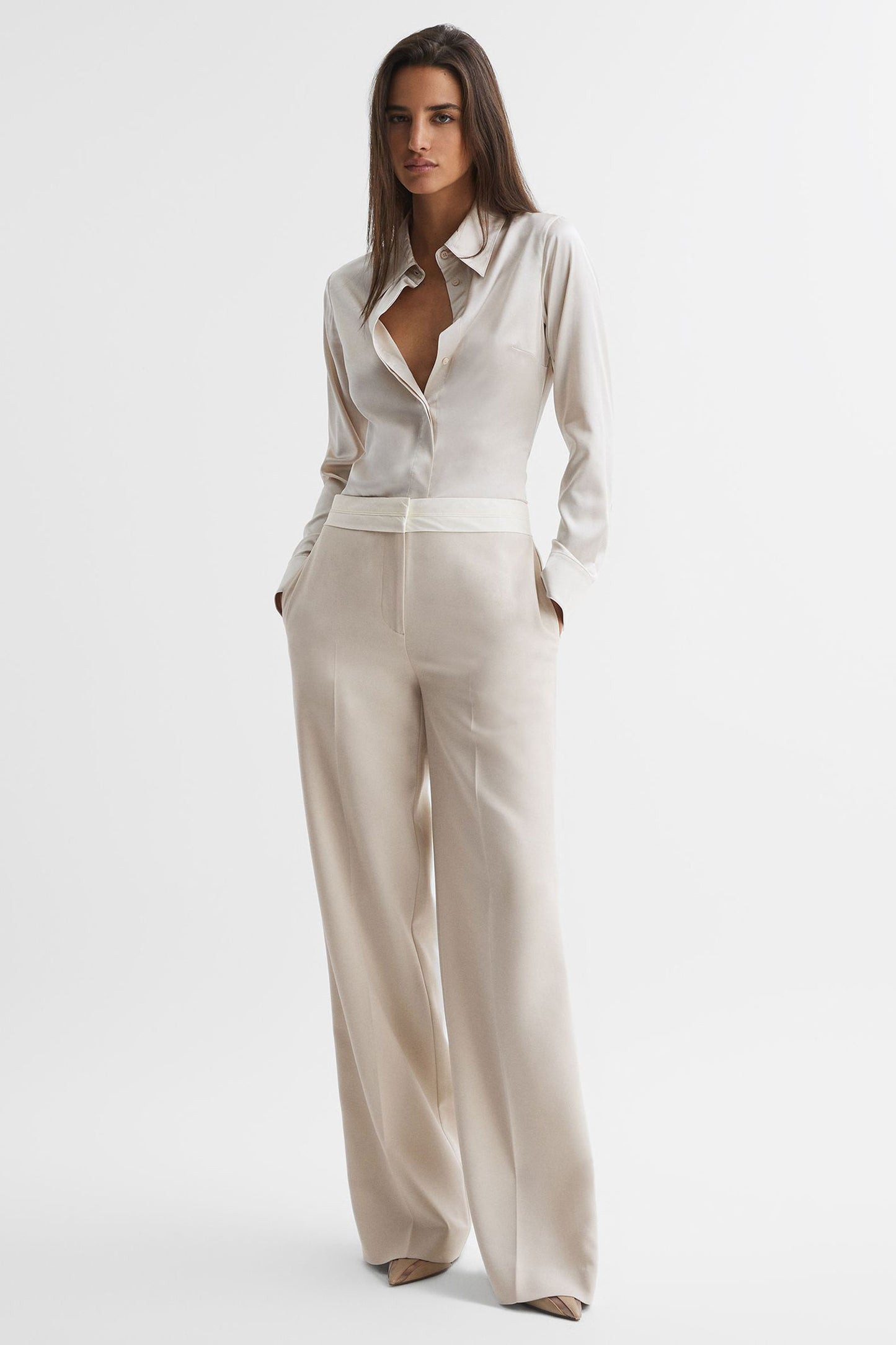 Maya Mid Rise Contrast Wide Leg Trousers