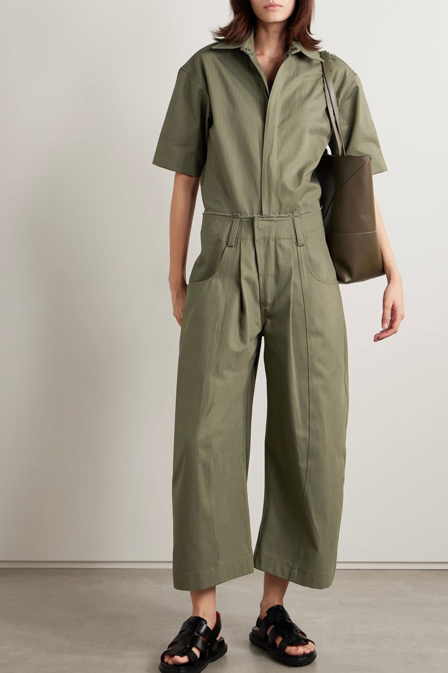 + NET SUSTAIN New Yorker Distressed Herringbone Cotton-canvas Jumpsuit