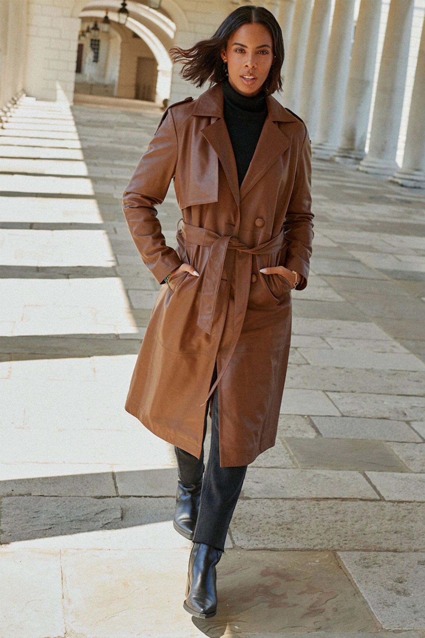 Tan Brown Leather Trench Coat