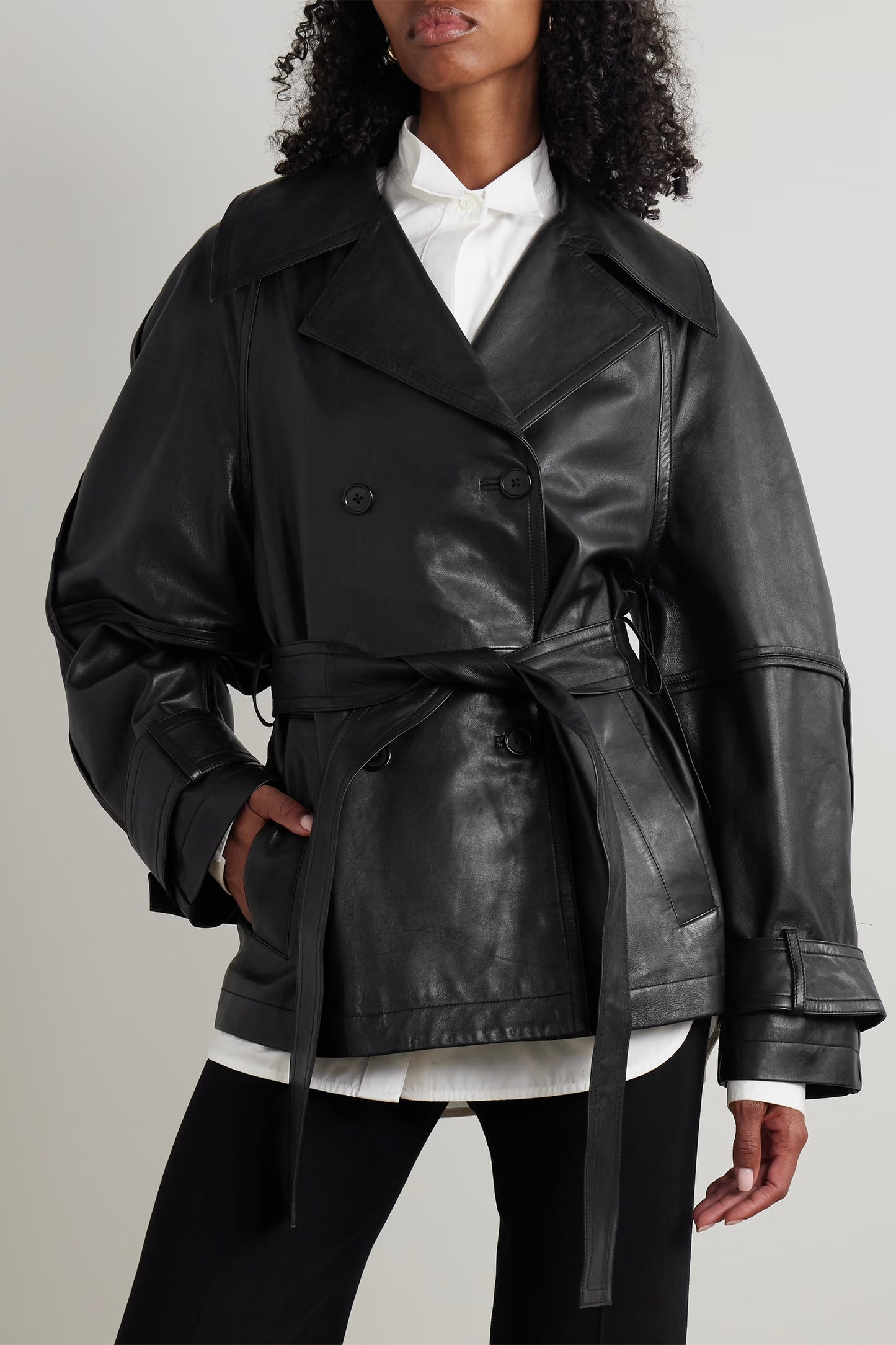 Belted Double-breasted Leather Jacket