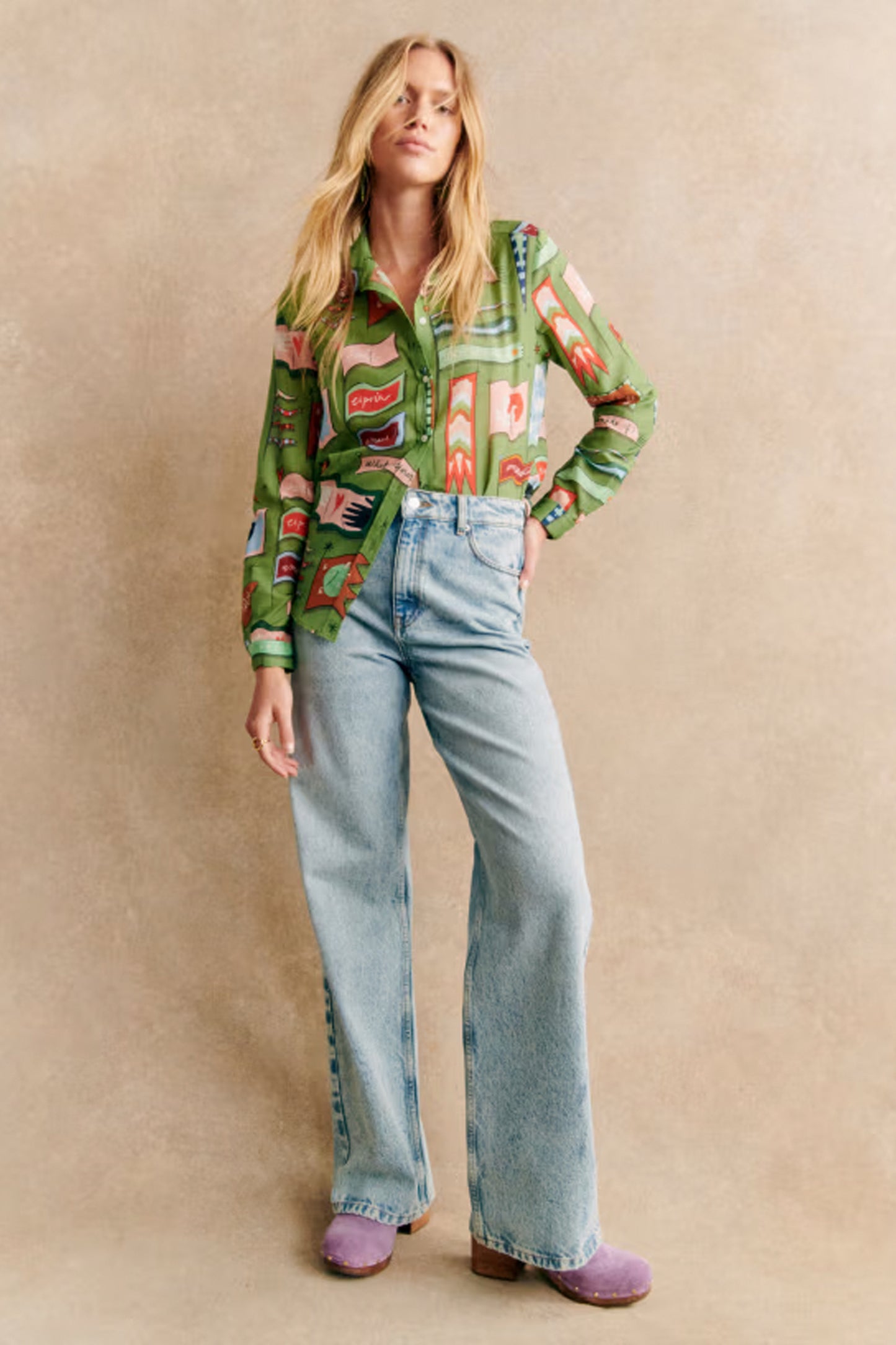 Sézane x Pangea Pierro Green/Flag Print Shirt