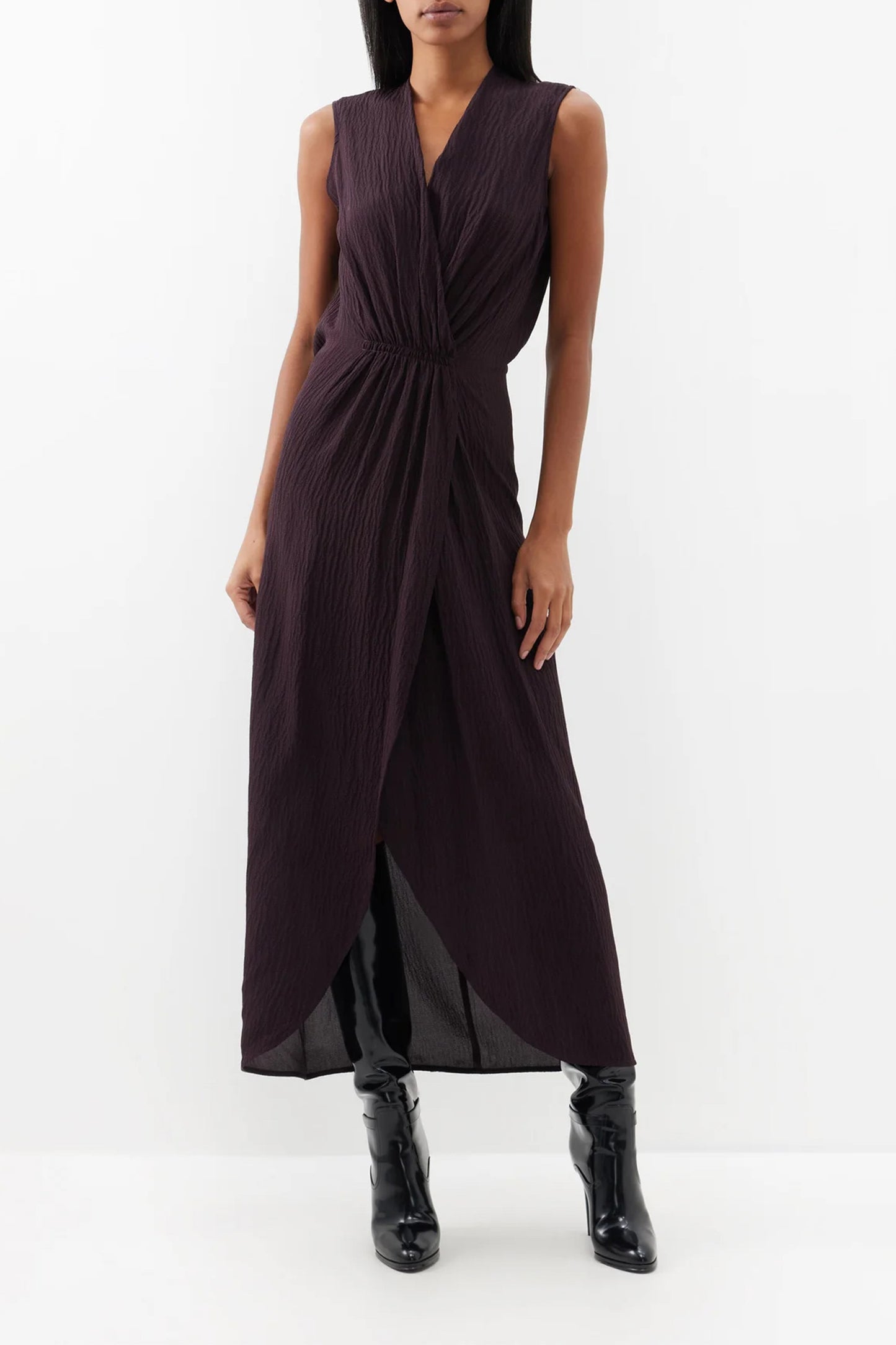 Gathered Waist Silk Wrap Dress