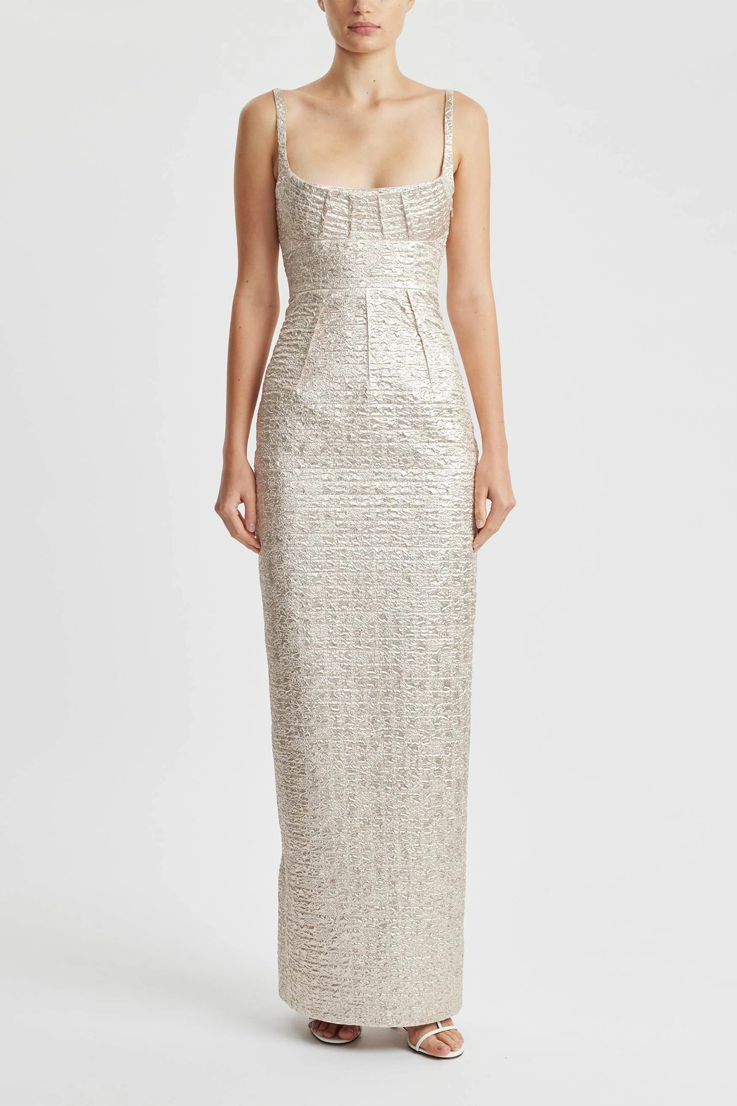 Sharon Dress In Champagne Metallic Seersucker