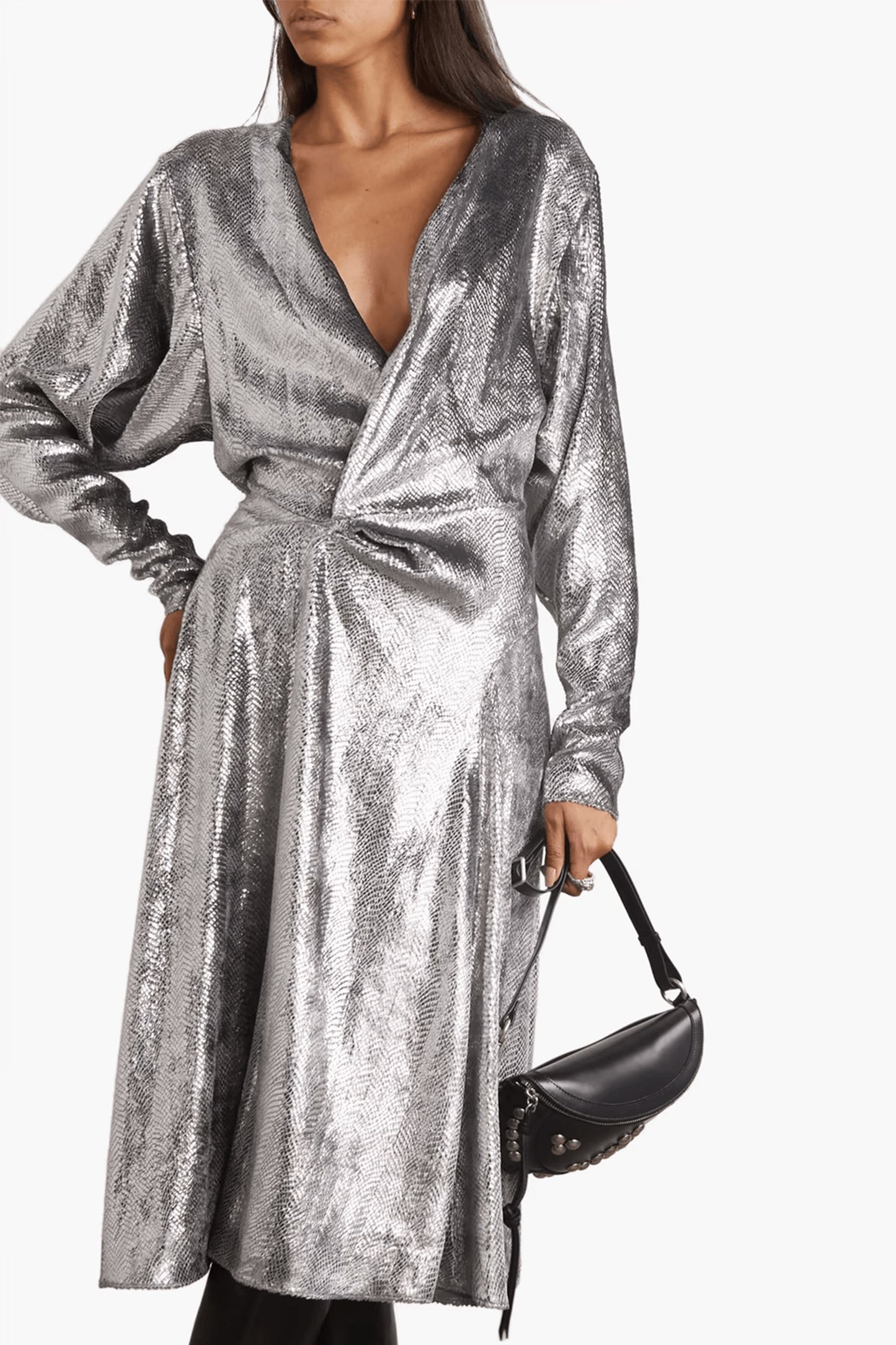 Courtneya Ruched Snake-print Lamé Midi Dress