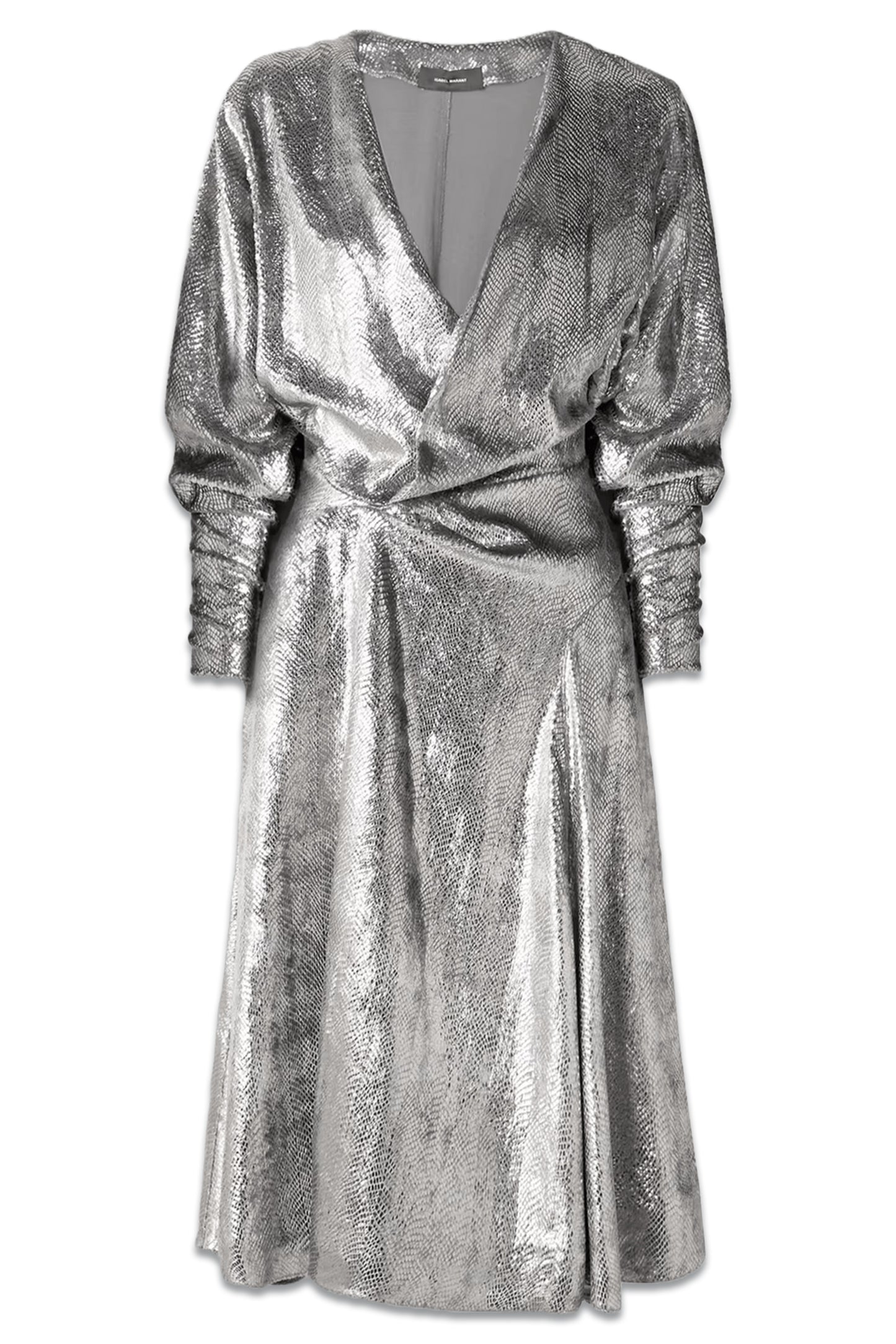 Courtneya Ruched Snake-print Lamé Midi Dress