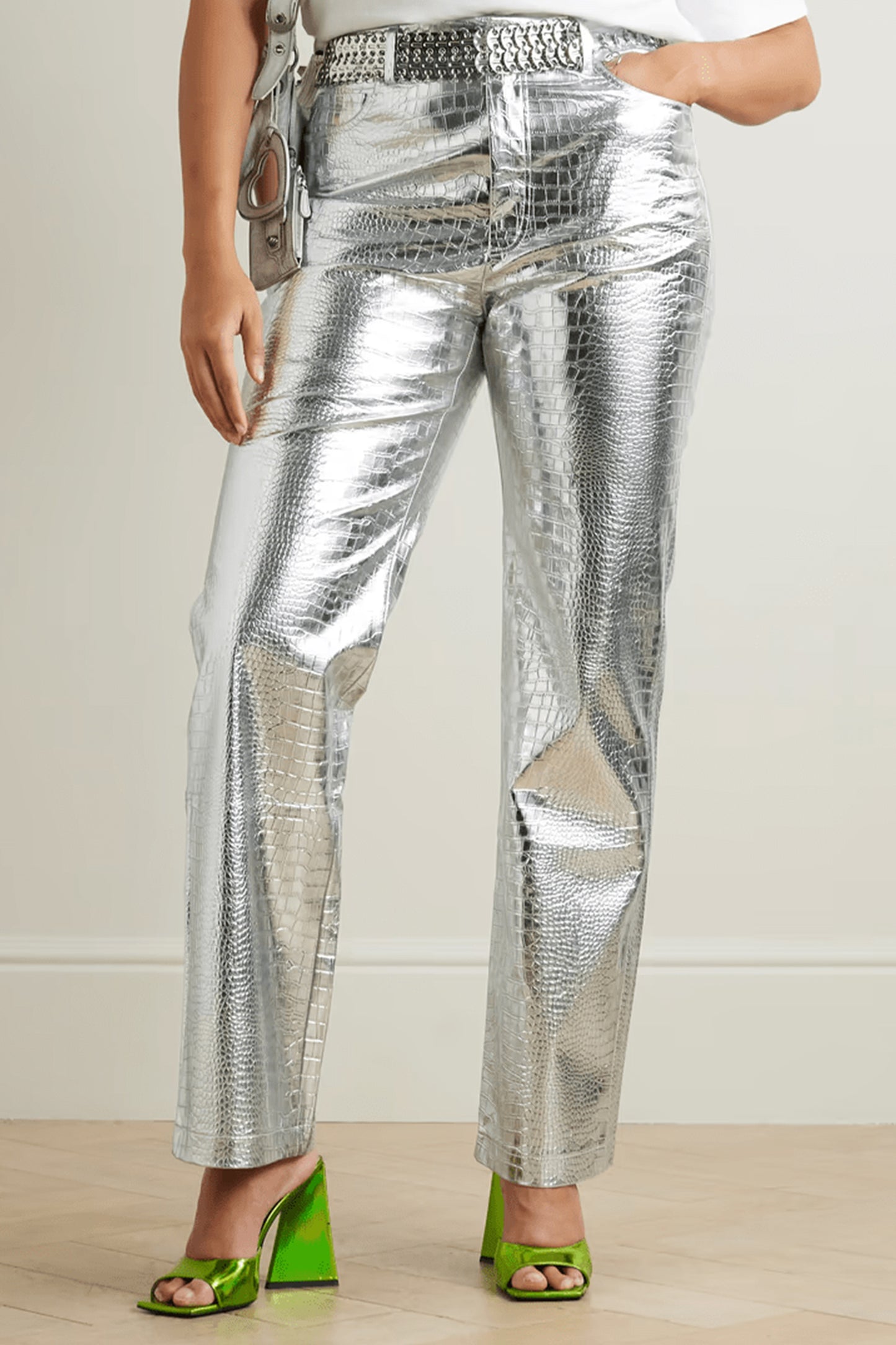 Rotie Metallic Croc-effect Coated Faux Leather Wide-leg Pants