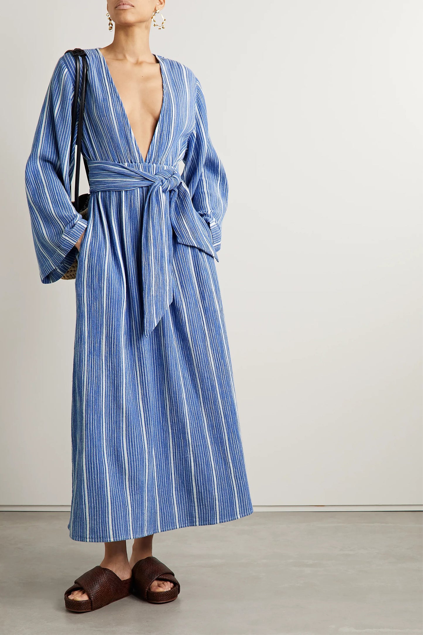 + NET SUSTAIN Jules Belted Striped Organic Cotton-gauze Maxi Dress
