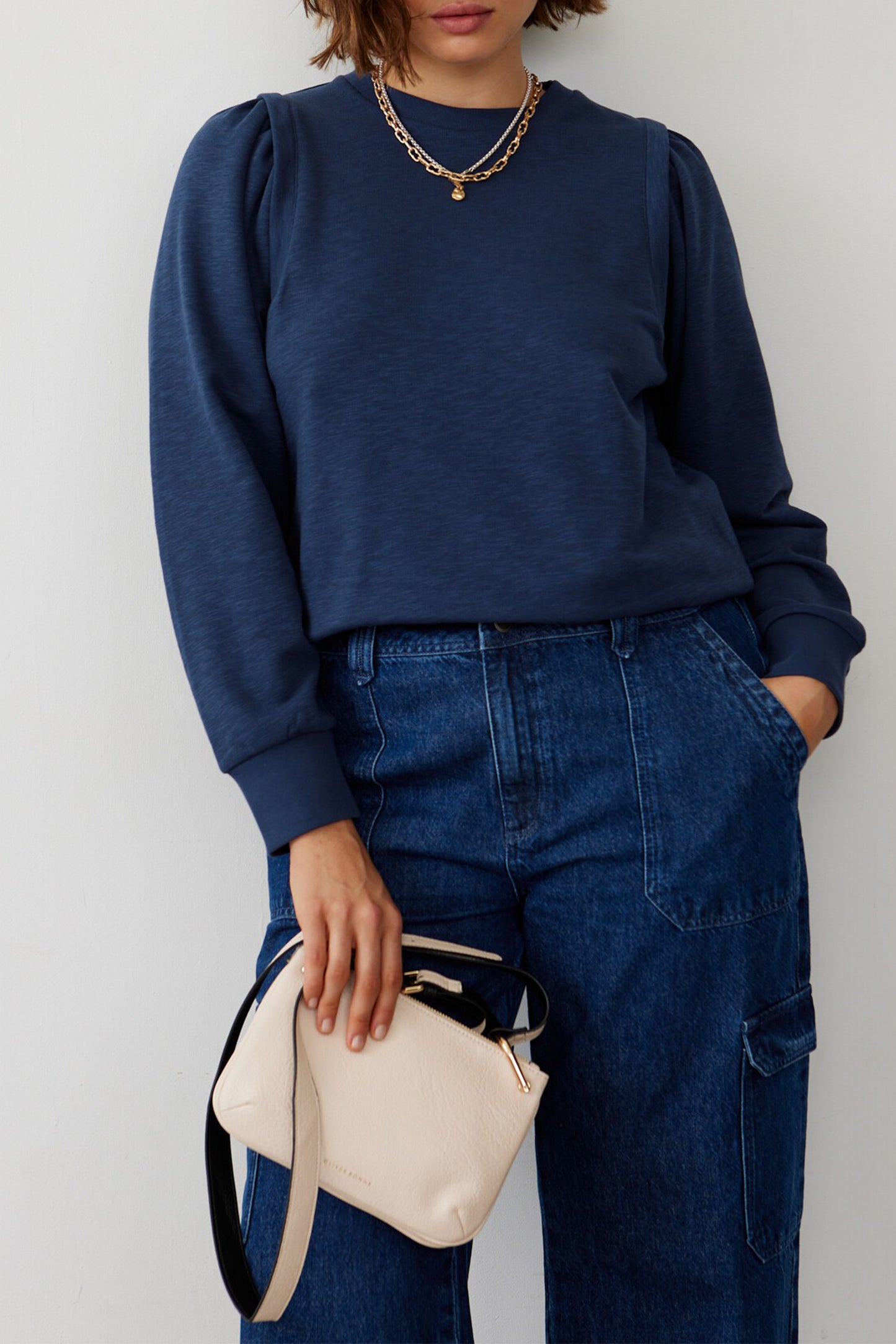 Gathered Shoulder Blue Sweatshirt