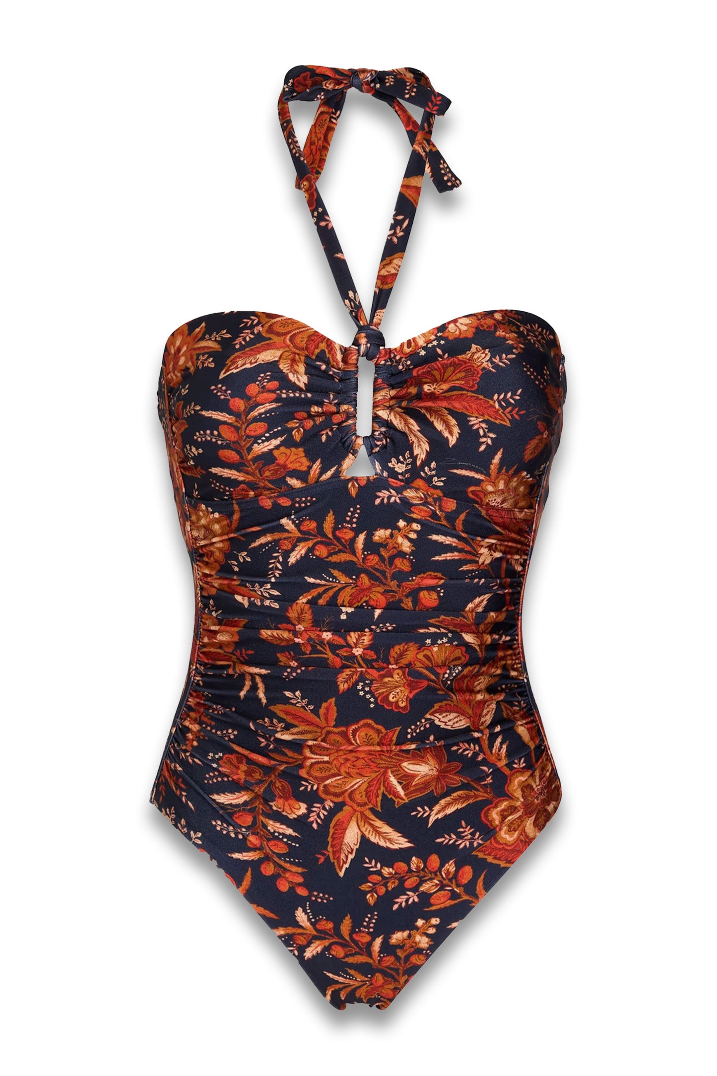 Cutout floral-print halterneck swimsuit