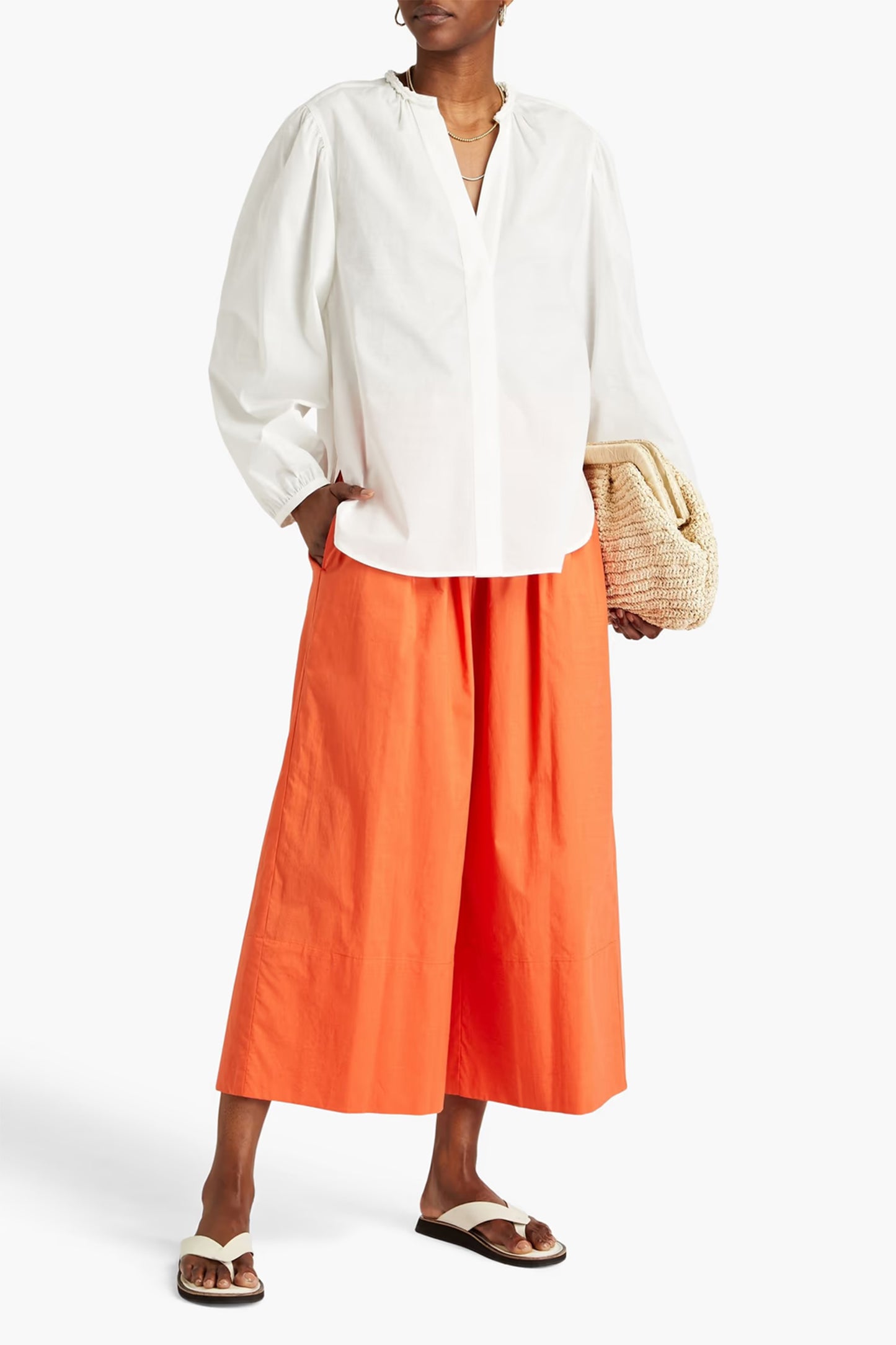 Gathered Cotton-poplin Blouse In White