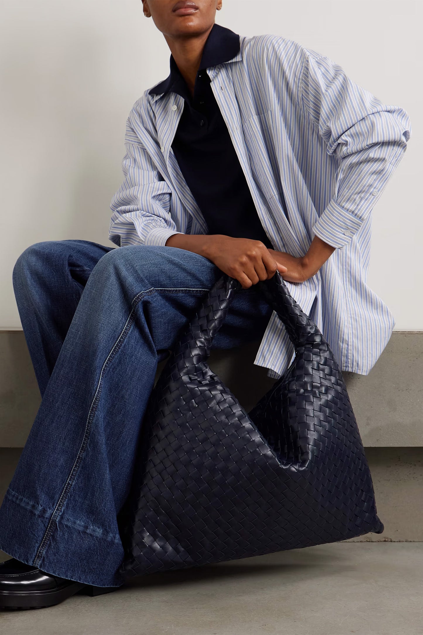 Hop large intrecciato leather tote blue