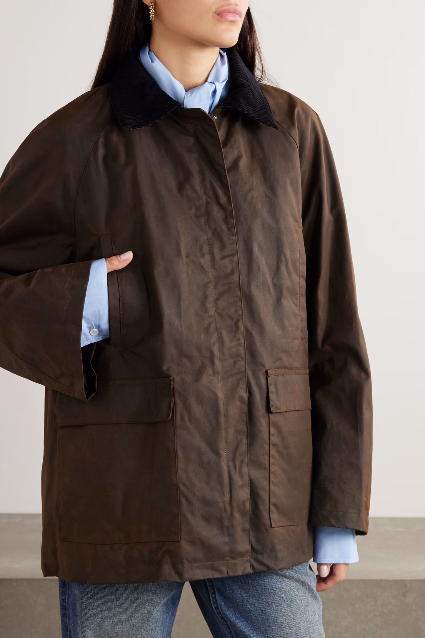 Oversized Corduroy-Trimmed Waxed Organic Cotton Jacket