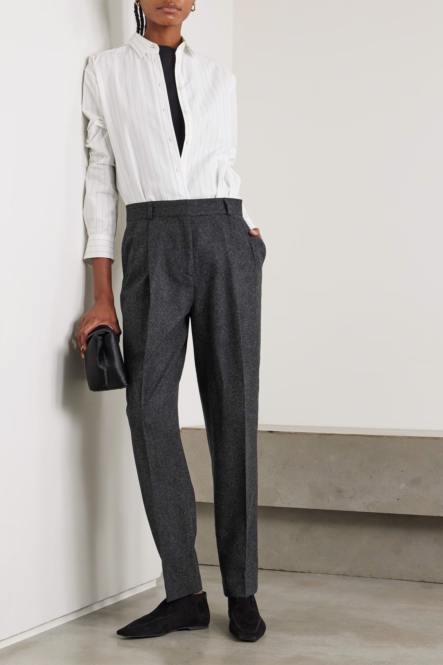 Pleated wool-blend grey straight-leg pants