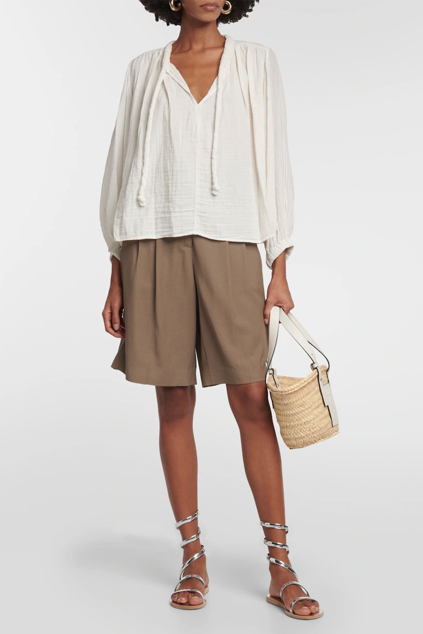 Tie-Neck Cotton Blouse Top