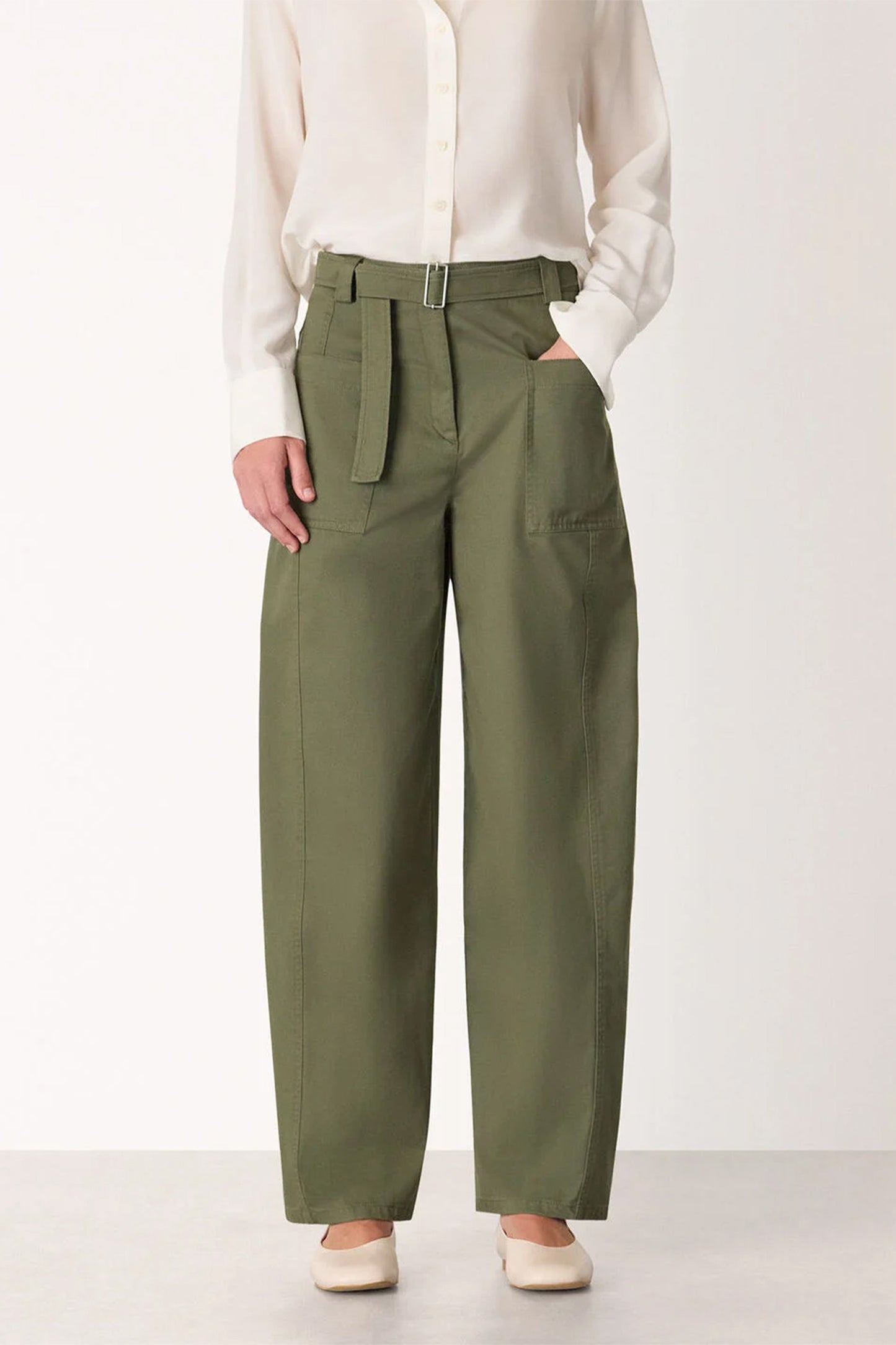 Khaki Belted Cotton Barrel Trouser