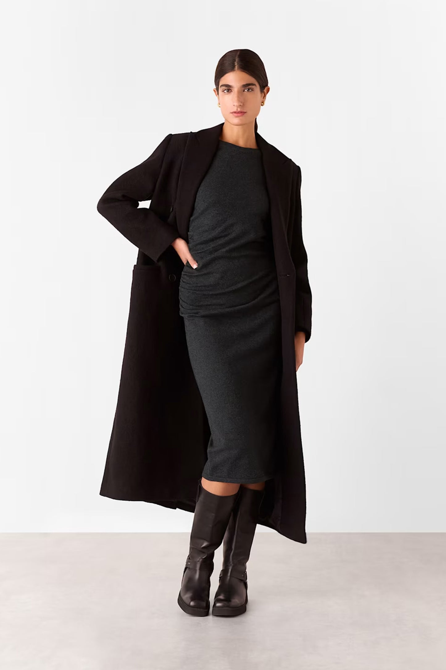 Dark Grey Gathered Side Midi Knit Dress