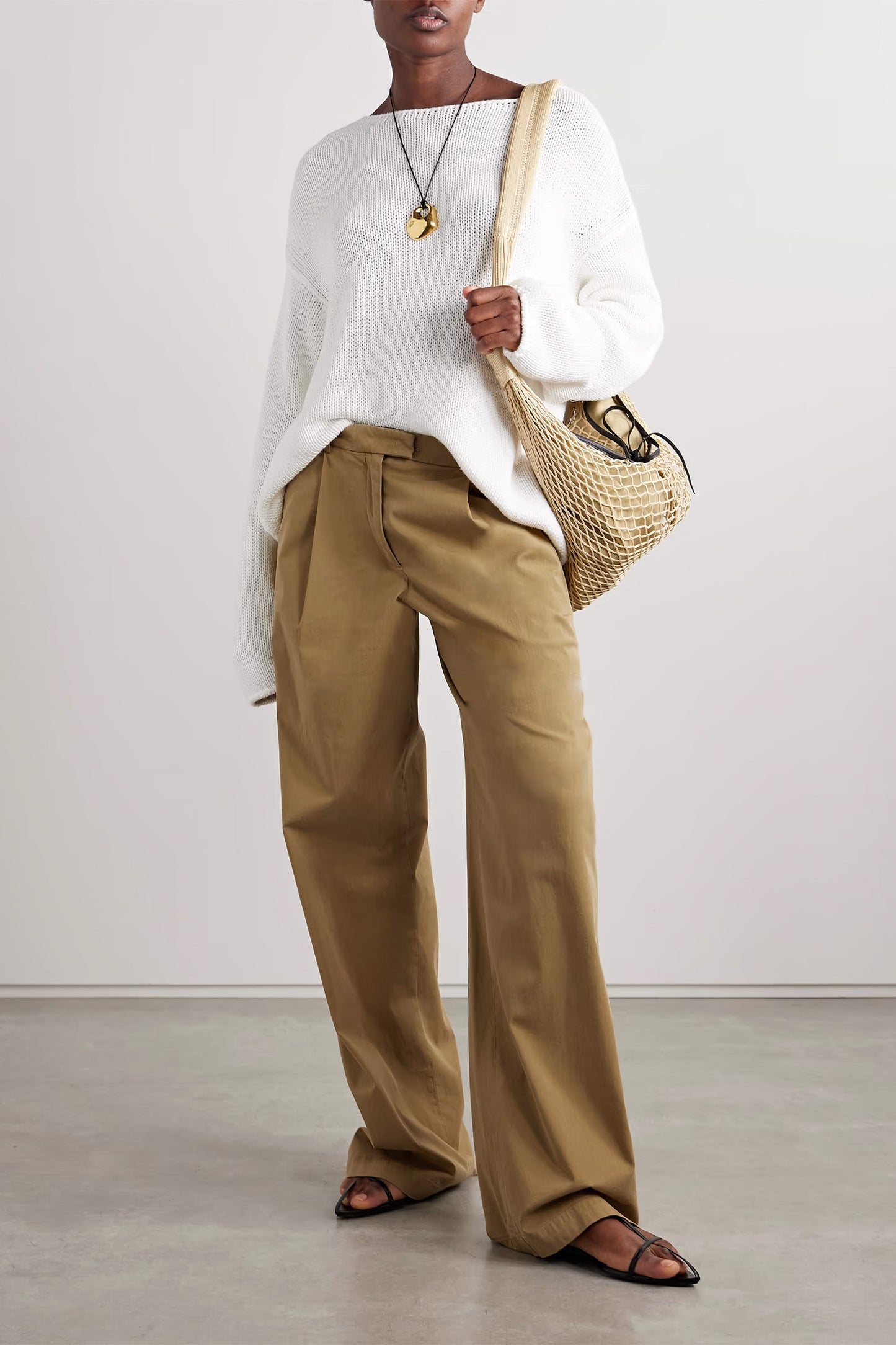 Pleated organic cotton-blend twill wide-leg pants