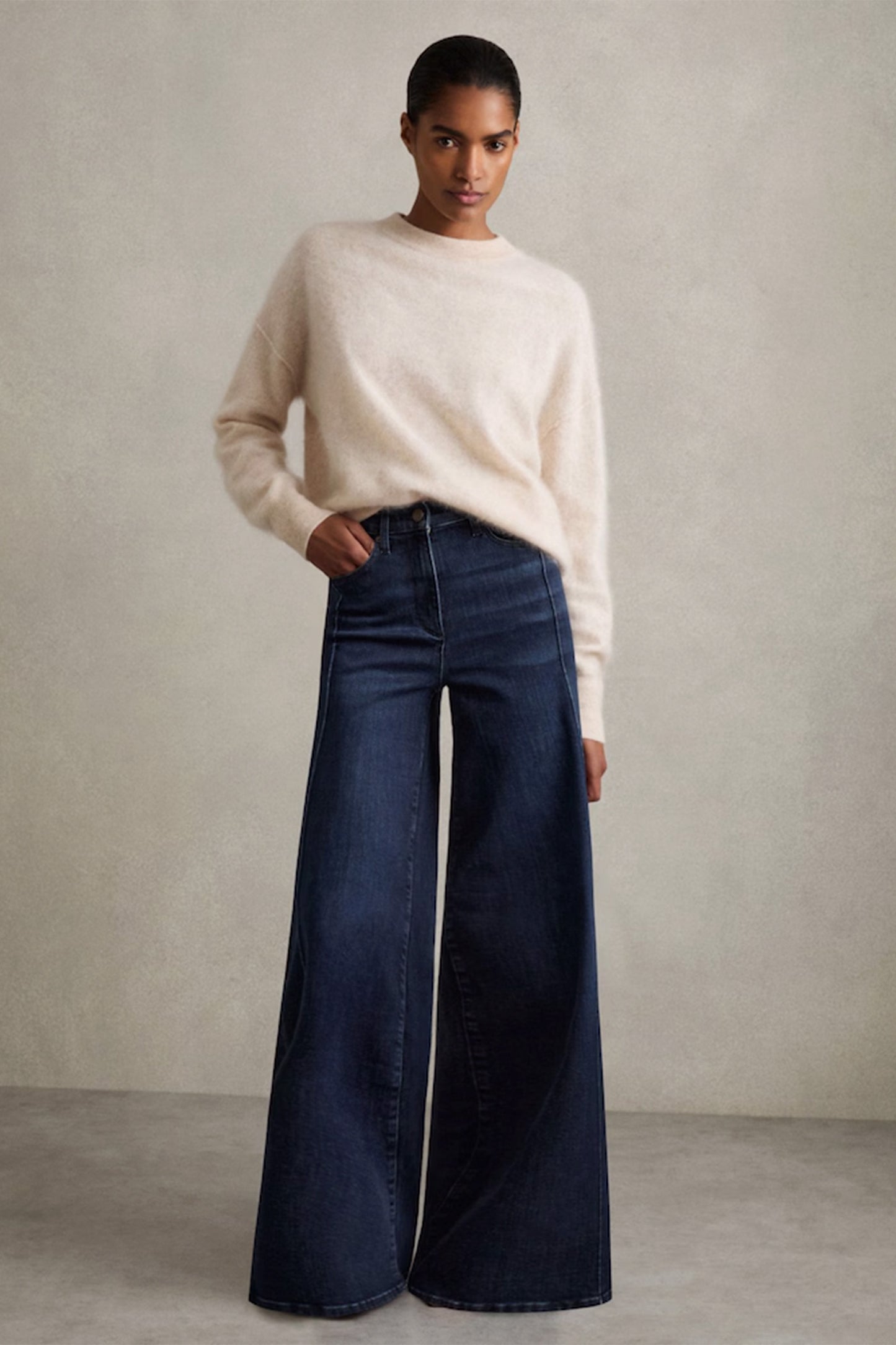 Heather Stretch Cotton Wide Leg Jeans in Dark Blue