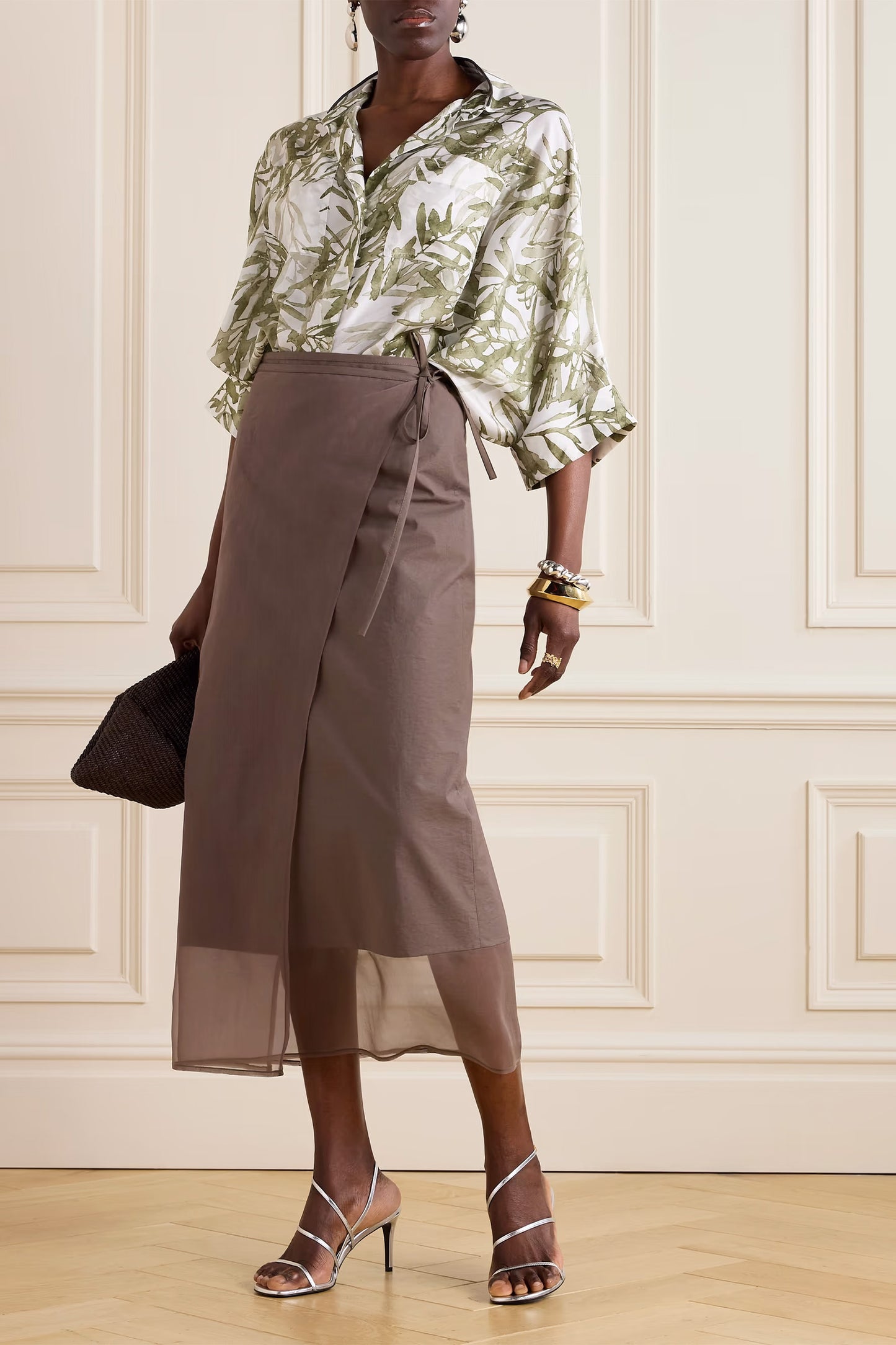 Organza-Trimmed Cotton-Blend Midi Wrap Skirt