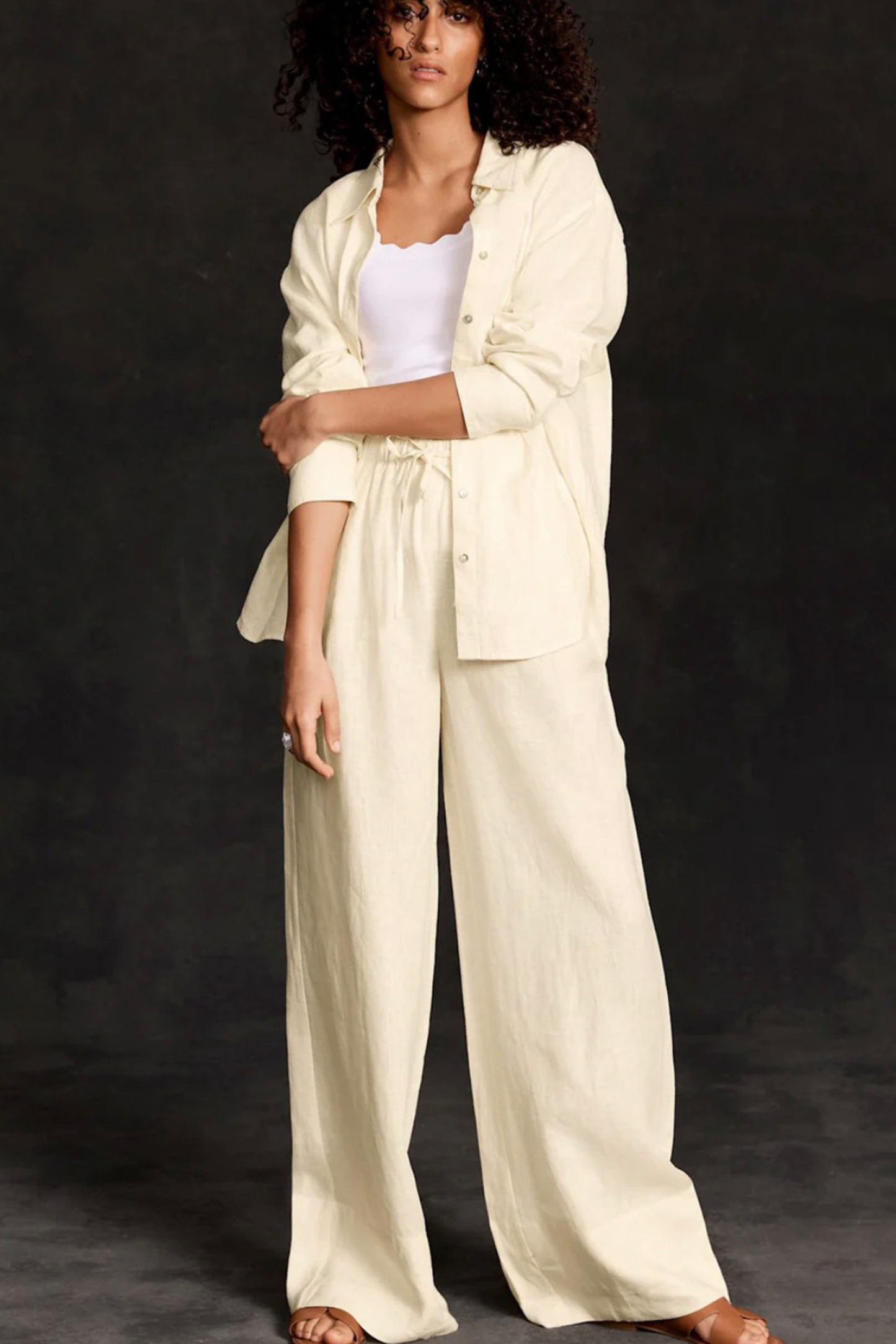 Yellow Linen Long Sleeve Shirt & Yellow Linen Wide Leg Trousers