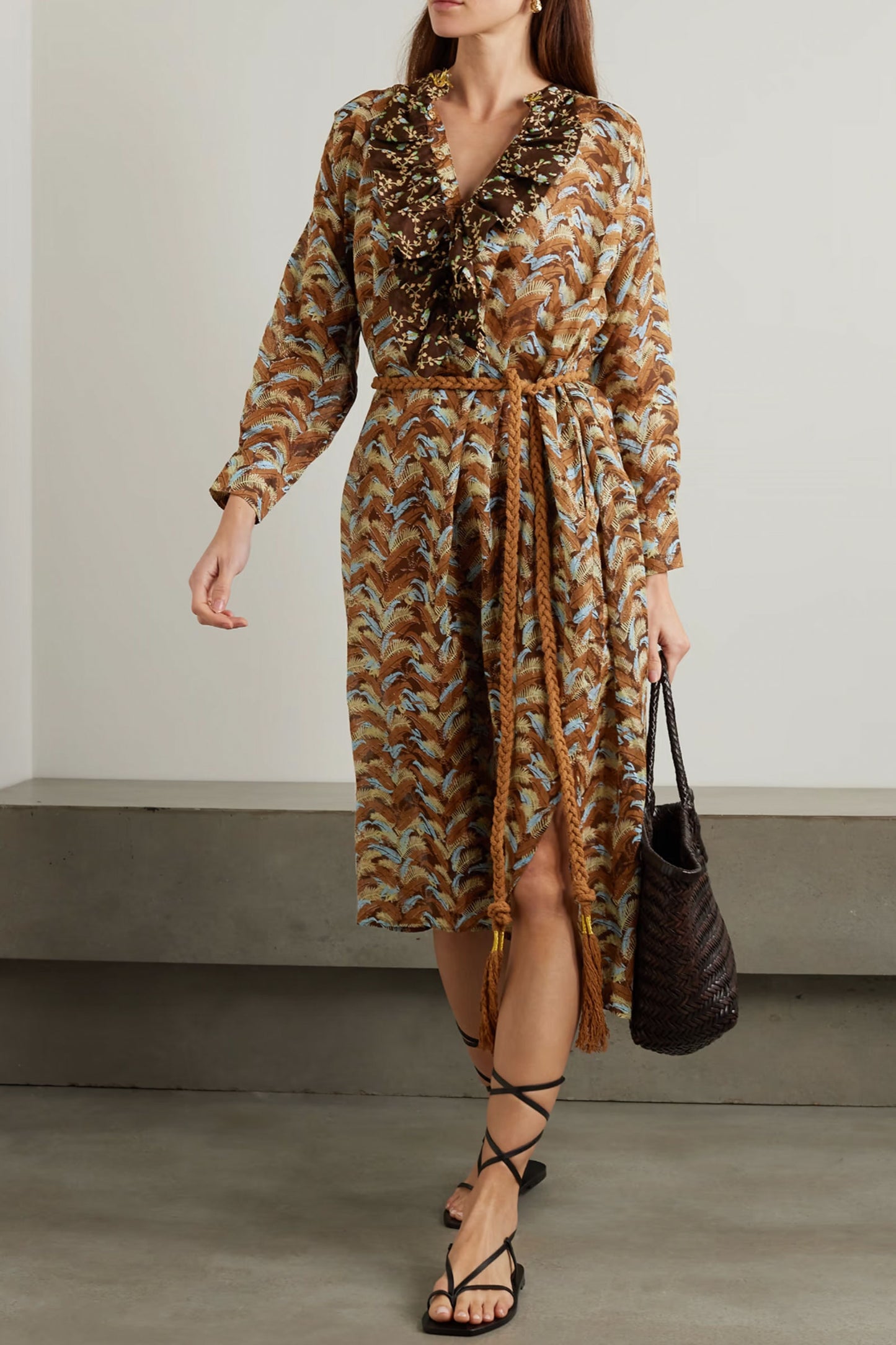 + NET SUSTAIN Frill belted ruffled printed linen-gauze maxi dress