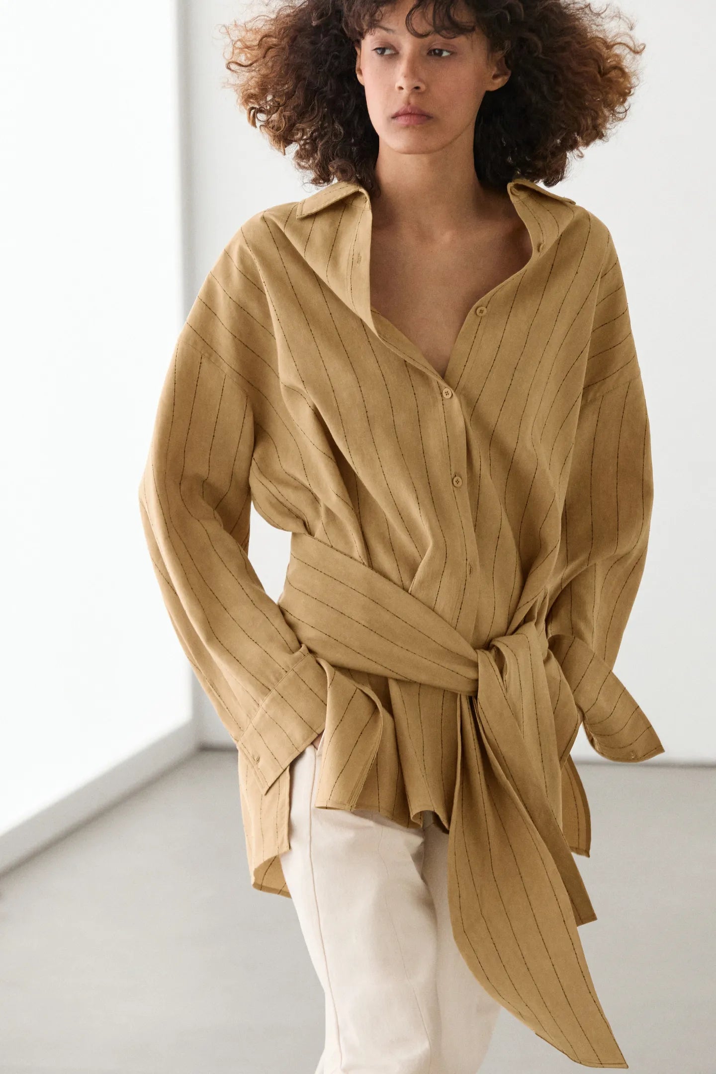 Striped Flowing Shirt with Corset-belt Detail