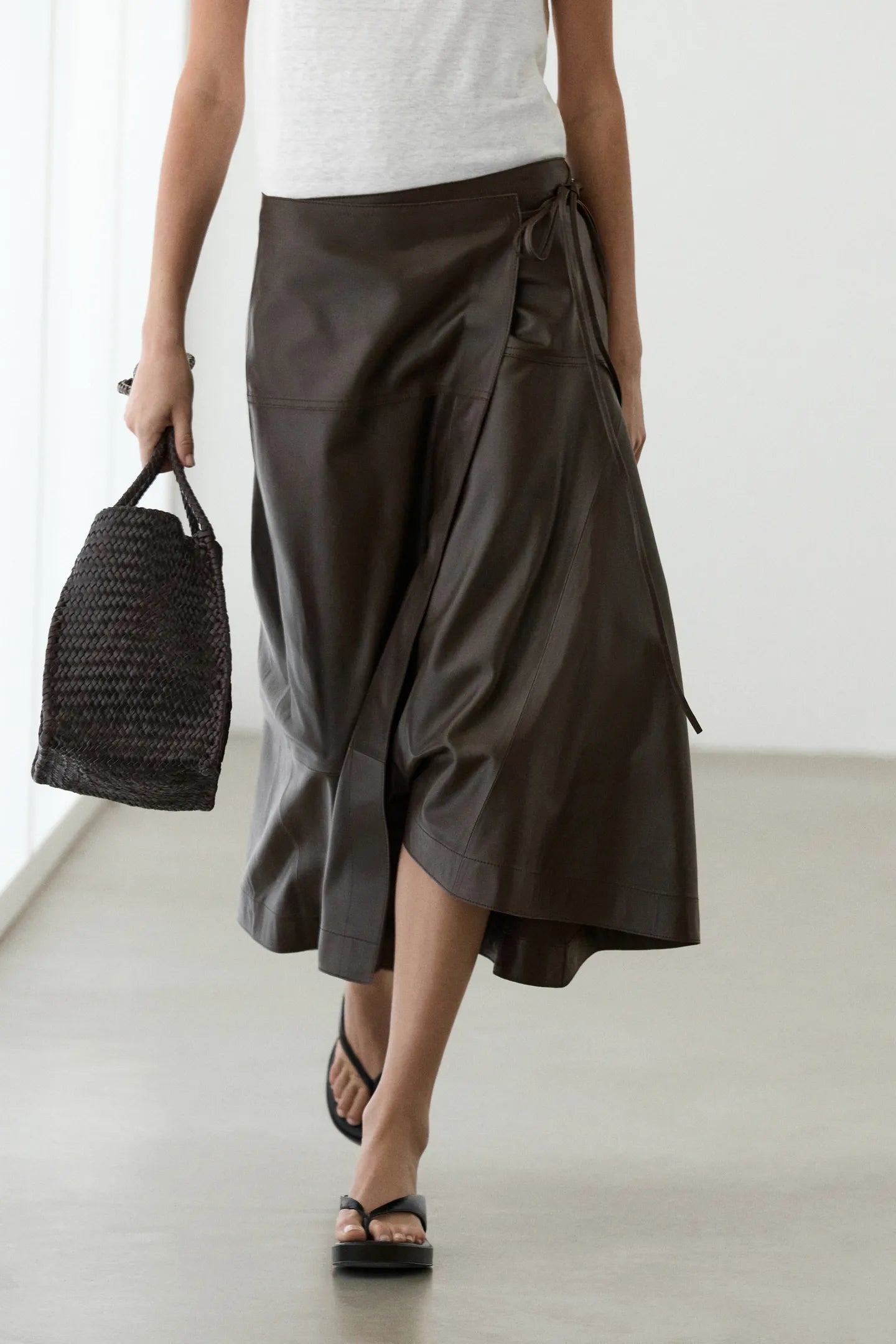 Nappa Leather Midi Skirt With Tie Detail