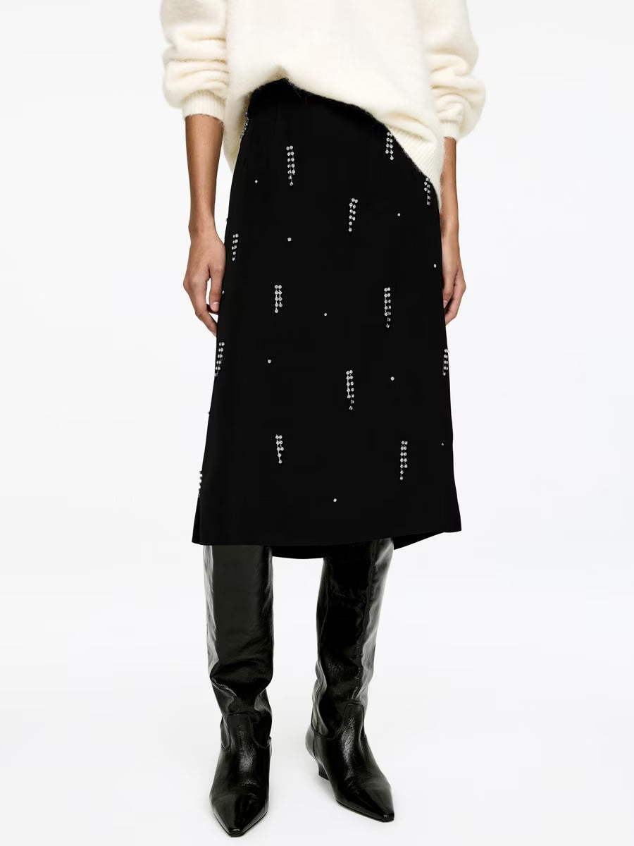 Crystal Fringe Midi Skirt in Black