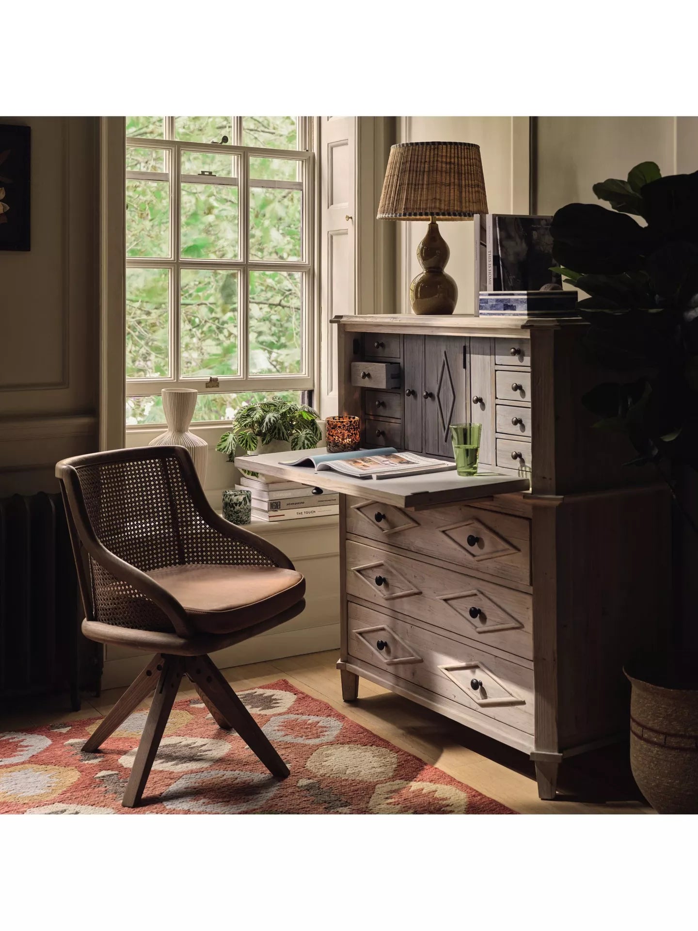 Carlos Cane Swivel Chair, Weathered Oak