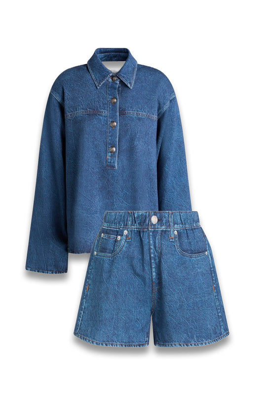 Miramar Emily Denim-Effect Print French Cotton-Terry Shirt & Shorts