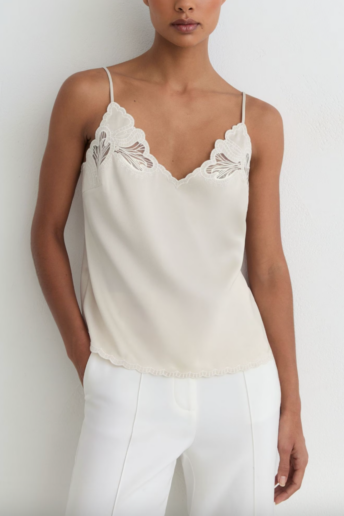 Satin Lace-Detail Cami Top in Neutral