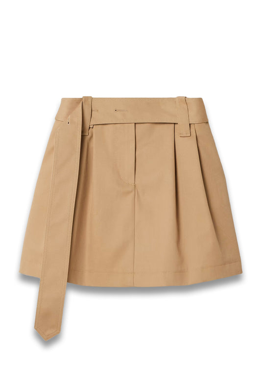 Belted Pleated Twill Mini Skirt