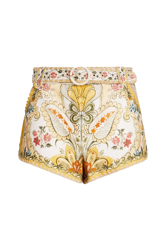 Belted Floral-print Linen Shorts