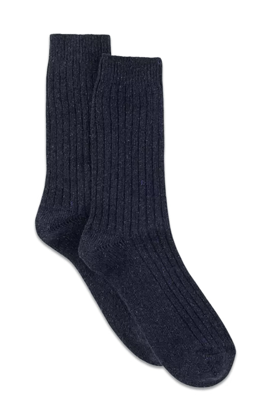 Ribbed Wool Silk Blend Socks, Navy