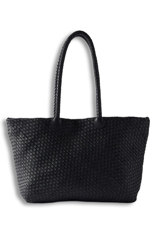 Black Leather Woven Tote Bag