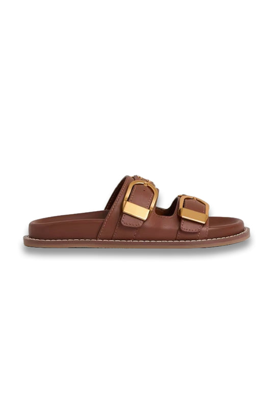 Ella Leather Buckled Slip-On Sandals in Tan