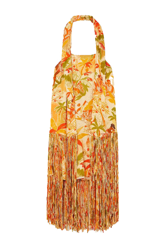 Leopard Forest Sand Printed Crepe Halterneck Mini Dress