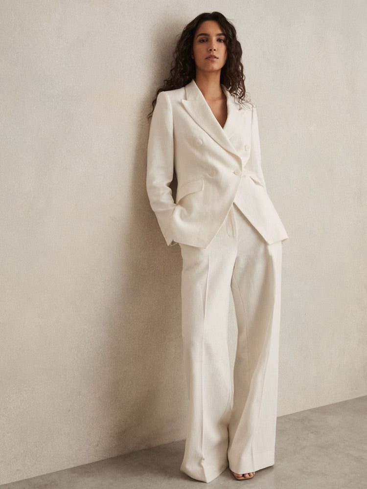 Devon Petite Linen-Blend Double-Breasted Suit Jacket & Wide-Leg Trousers Set in White