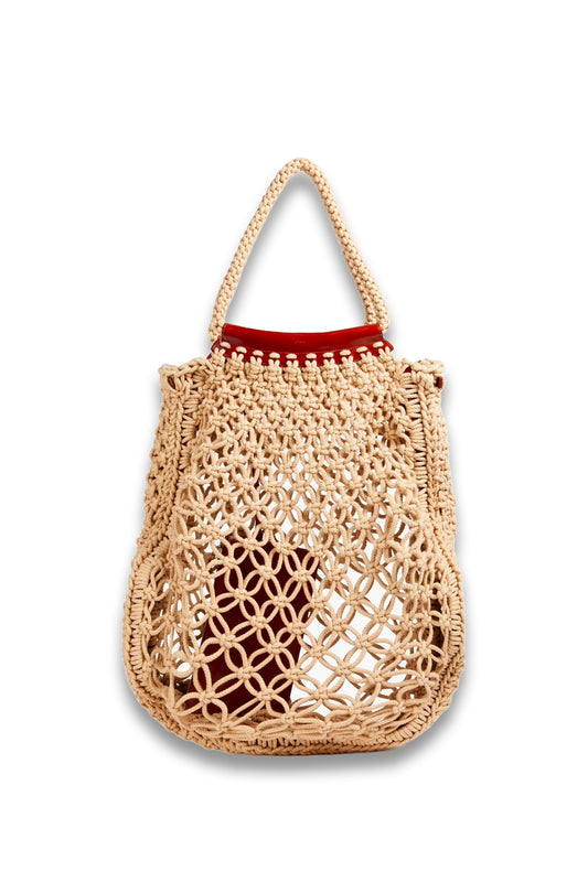 Leather-Trimmed Crocheted Cotton Tote