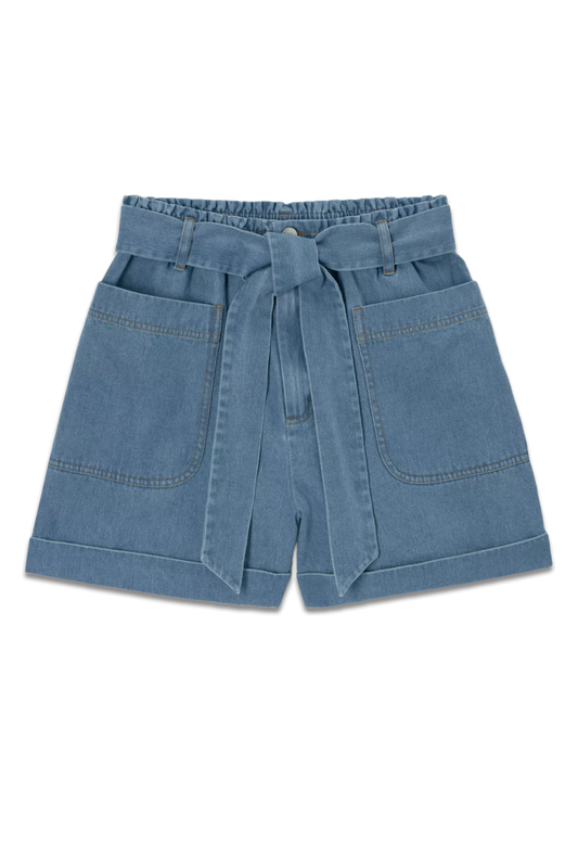 Paperbag Denim Shorts, Mid Wash
